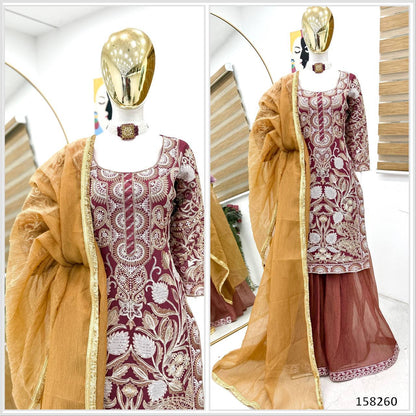 3-piece Designer Premium Party Wear Fox Georgette Top with Goldy Simar Palazzo & Dupatta