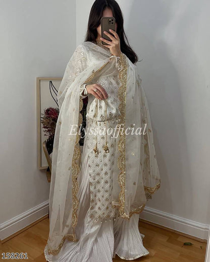 Festive and Party Look 3-Piece Stylish White and Light Purple Palazzo Suit Set