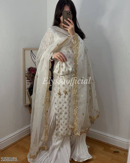 Festive and Party Look 3-Piece Stylish White and Light Purple Palazzo Suit Set