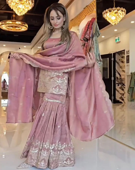 Premium Party Wear Luxurious 3-Piece Designer Fully Flared Sharara Palazzo Perfect for Weddings, Parties & Festive Celebrations