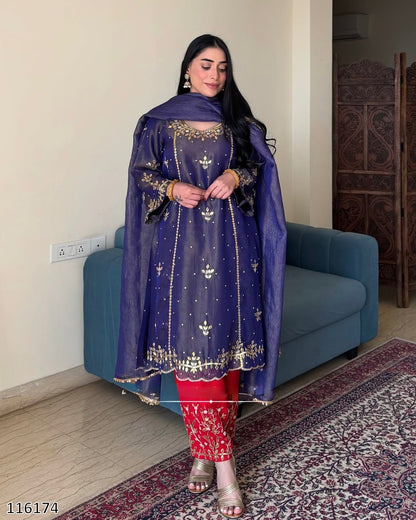 Purple Premium Designer 3-Piece Set: Heavy Gold Crushed Silk Kurti Plazzo with Dupatta Set