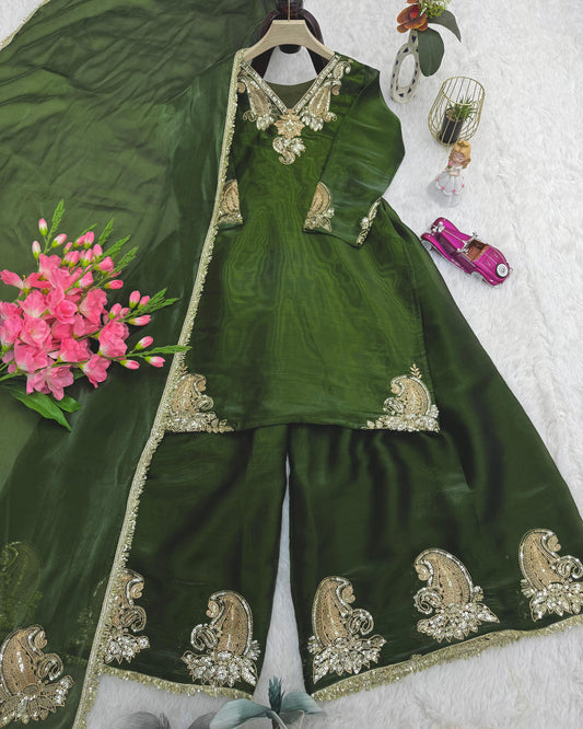 Designer Heavy Jimmy Choo Silk Party Wear Green Plazzo Set with Dupatta