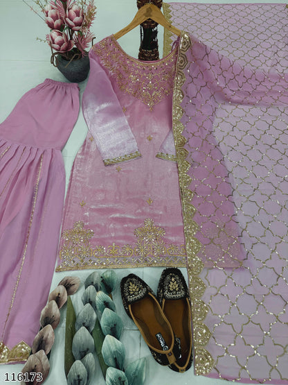 Designer Heavy Jimmy Choo Organza Embroidered Party Wear Sharara Dupatta Set