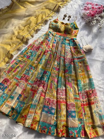 Designer Jimmy Organza Silk Digital Print Anarkali Gown with Georgette Dupatta