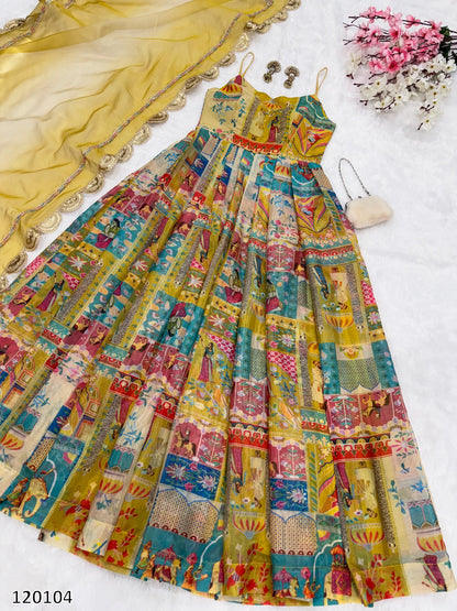 Designer Jimmy Organza Silk Digital Print Anarkali Gown with Georgette Dupatta