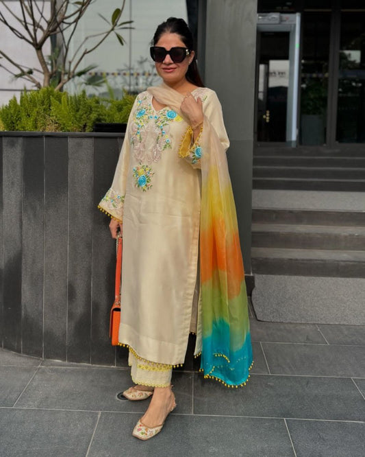 Designer Moss Satin Embroidered Top with Plazzo & Organza Dupatta | Party Wear Set