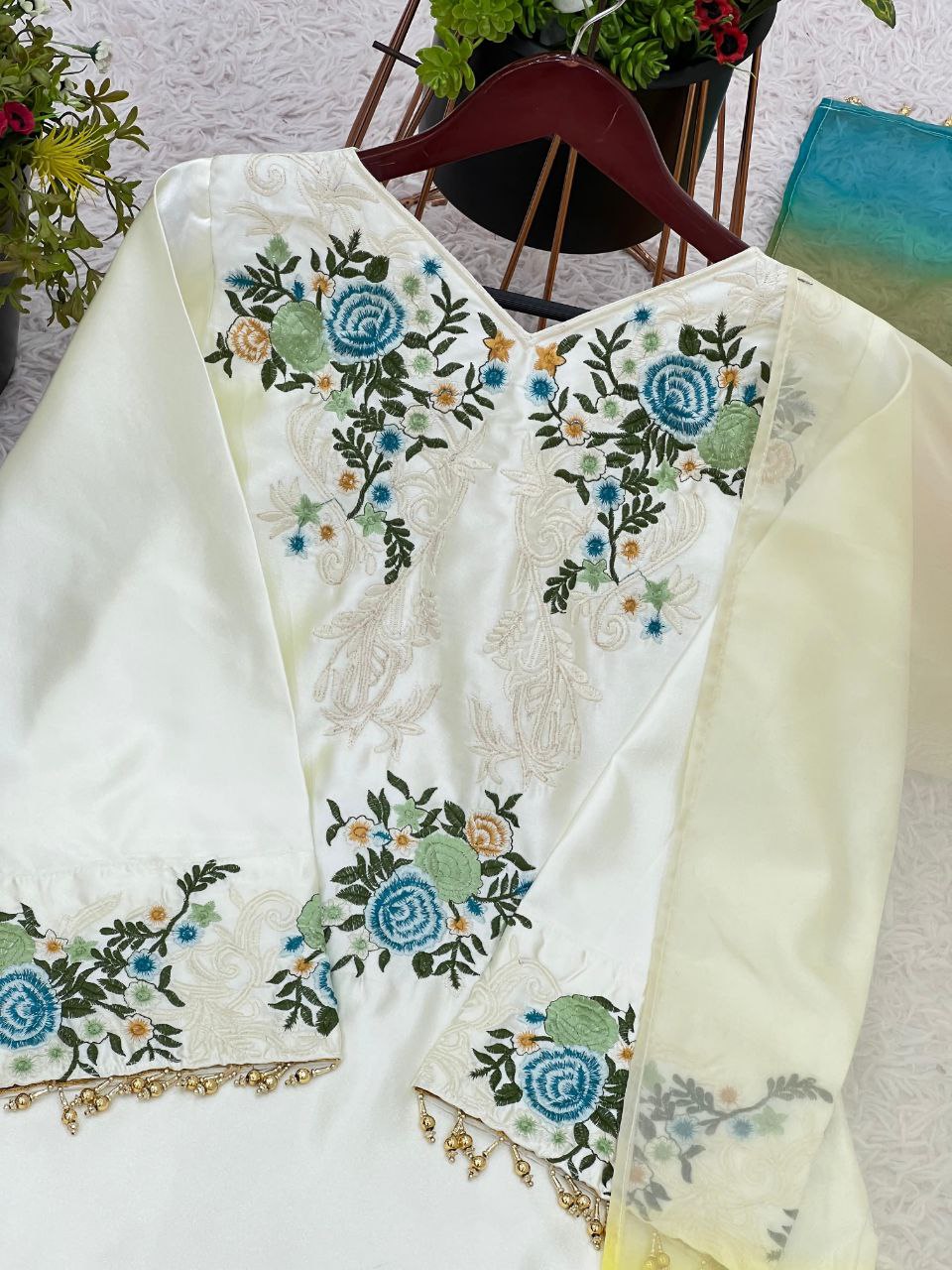 Designer Moss Satin Embroidered Top with Plazzo & Organza Dupatta | Party Wear Set