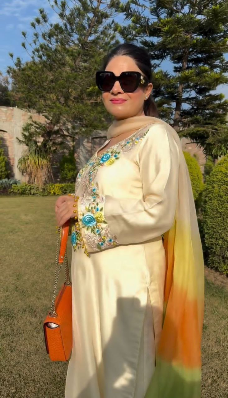 Designer Moss Satin Embroidered Top with Plazzo & Organza Dupatta | Party Wear Set