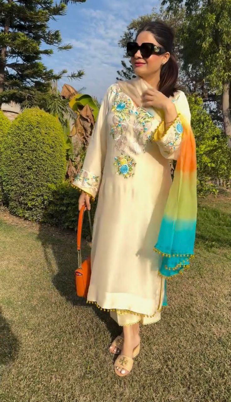 Designer Moss Satin Embroidered Top with Plazzo & Organza Dupatta | Party Wear Set