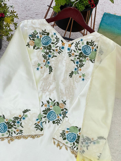 Designer Moss Satin Embroidered Top with Plazzo & Organza Dupatta | Party Wear Set