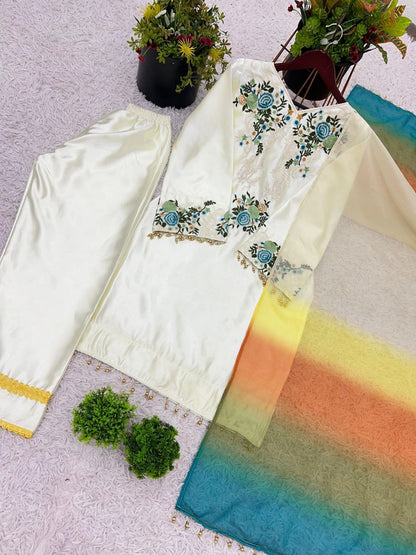 Designer Moss Satin Embroidered Top with Plazzo & Organza Dupatta | Party Wear Set
