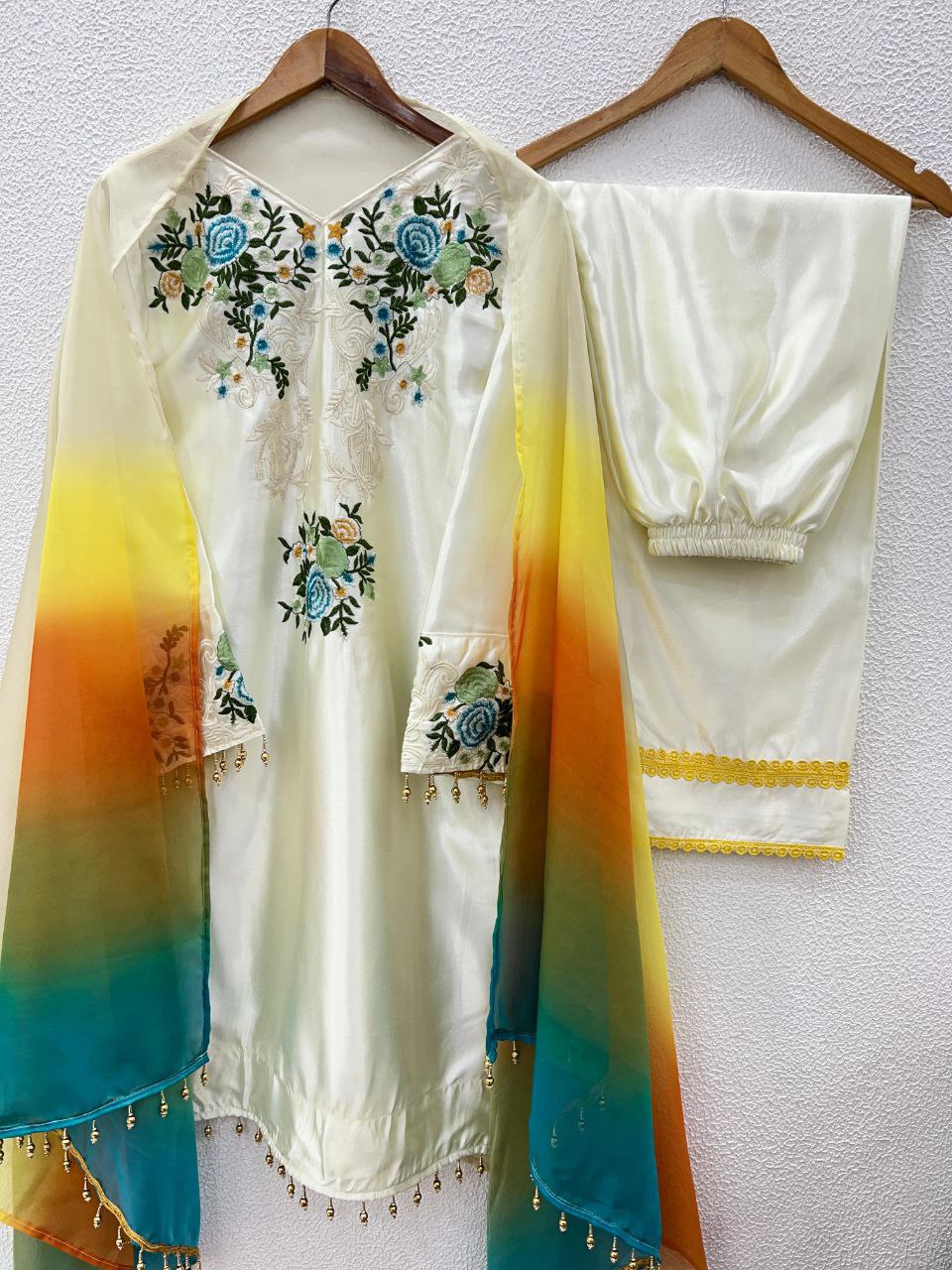 Designer Moss Satin Embroidered Top with Plazzo & Organza Dupatta | Party Wear Set