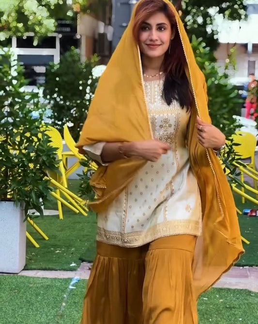Premium 3 Piece Golden Sharara Set with Natural Crepe Fabric With Rich Detailing