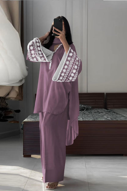 Designer Natural Satin Top with Farshi Plazzo & Dupatta | Embroidery Work | Fully Stitched Party Wear Set