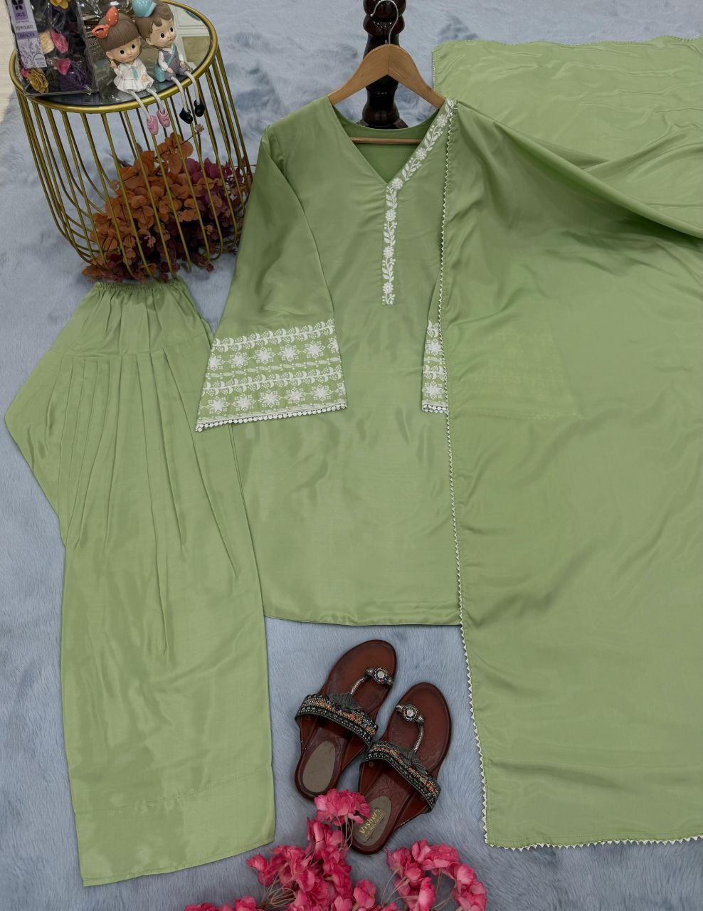 Designer Natural Satin Top with Farshi Plazzo & Dupatta | Embroidery Work | Fully Stitched Party Wear Set