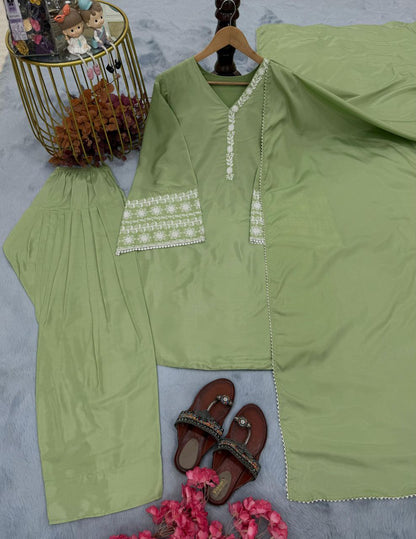 Designer Natural Satin Top with Farshi Plazzo & Dupatta | Embroidery Work | Fully Stitched Party Wear Set