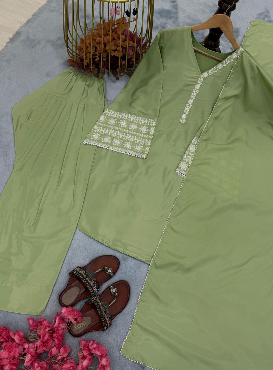 Designer Natural Satin Top with Farshi Plazzo & Dupatta | Embroidery Work | Fully Stitched Party Wear Set