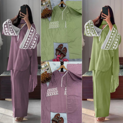 Designer Natural Satin Top with Farshi Plazzo & Dupatta | Embroidery Work | Fully Stitched Party Wear Set