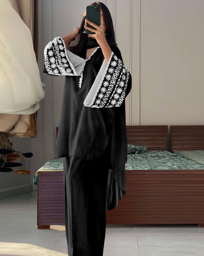 Designer Natural Satin Top with Farshi Plazzo & Dupatta Set | Embroidered Party Wear