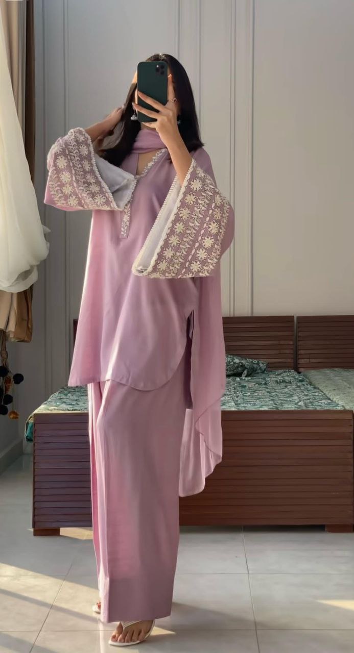 Designer Natural Satin Top with Farshi Plazzo & Dupatta Set | Embroidered Party Wear
