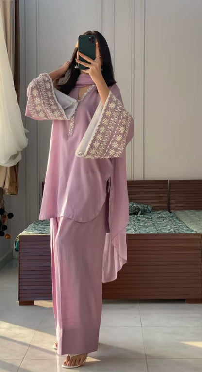 Designer Natural Satin Top with Farshi Plazzo & Dupatta Set | Embroidered Party Wear
