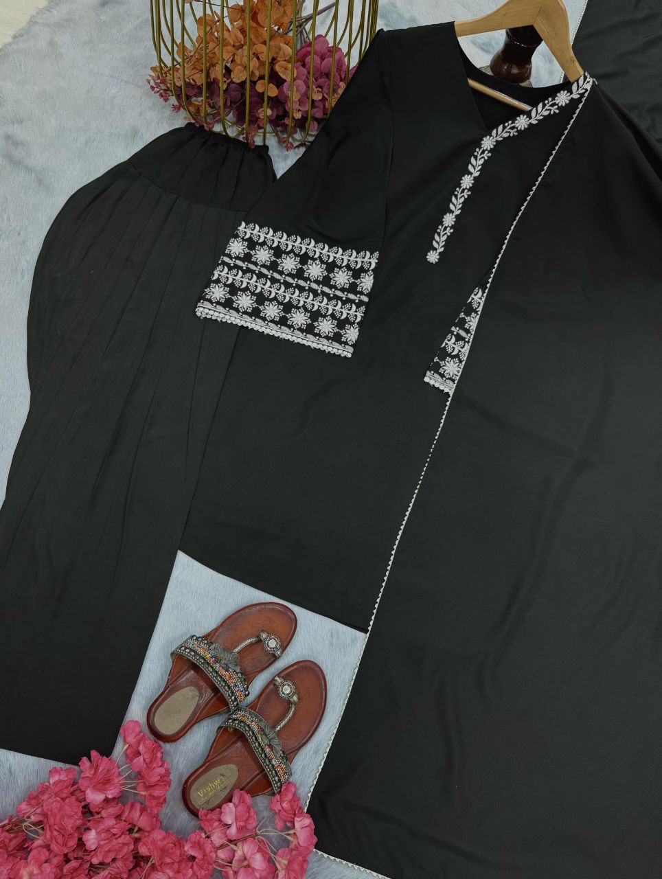 Designer Natural Satin Top with Farshi Plazzo & Dupatta Set | Embroidered Party Wear