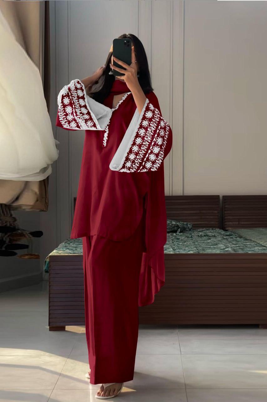 Designer Natural Satin Top with Farshi Plazzo & Dupatta Set | Embroidered Party Wear