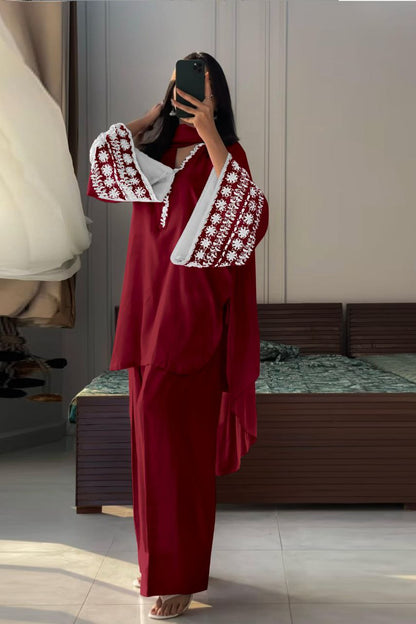 Designer Natural Satin Top with Farshi Plazzo & Dupatta Set | Embroidered Party Wear