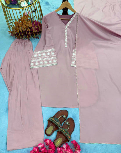 Designer Natural Satin Top with Farshi Plazzo & Dupatta Set | Embroidered Party Wear