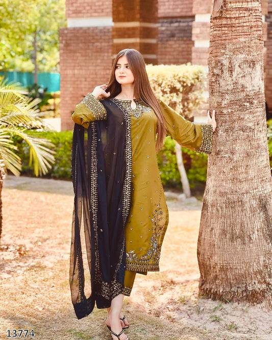 Designer Party Wear 3-Piece Palazzo Suit Collection – Heavy Roman Silk with Embroidered Sequence Work
