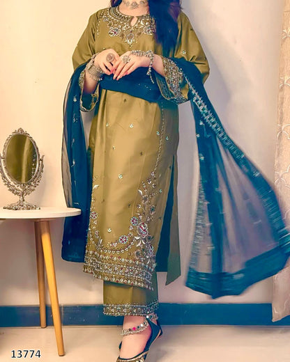 Designer Party Wear 3-Piece Palazzo Suit Collection – Heavy Roman Silk with Embroidered Sequence Work