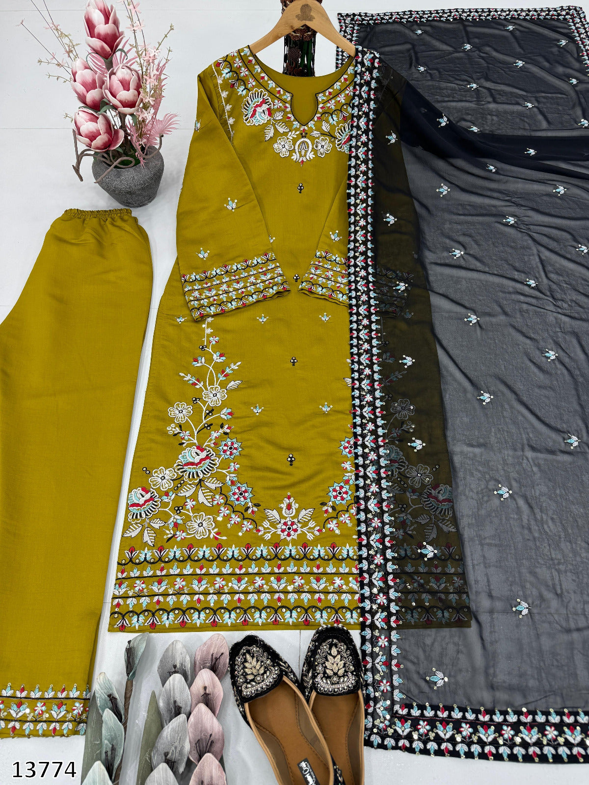 Designer Party Wear 3-Piece Palazzo Suit Collection – Heavy Roman Silk with Embroidered Sequence Work