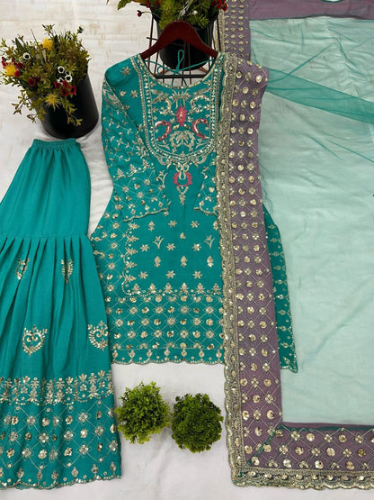 Designer Party Wear Chinon Silk Sharara Set with Dupatta – Heavy Embroidery & Sequence Work | Readymade Suit for Women