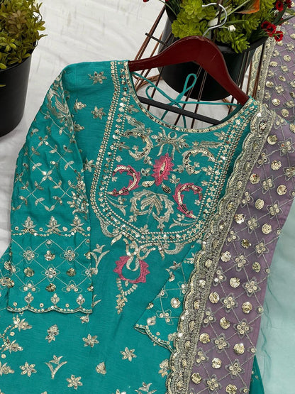 Designer Party Wear Chinon Silk Sharara Set with Dupatta – Heavy Embroidery & Sequence Work | Readymade Suit for Women