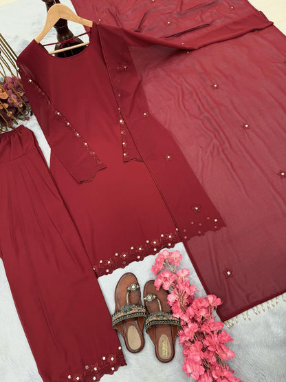 Designer Party Wear Georgette Top with Farshi Plazzo & Dupatta – Fully Stitched Set