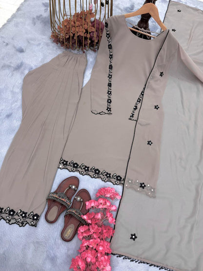 Designer Party Wear Georgette Top with Farshi Plazzo & Dupatta – Fully Stitched Set