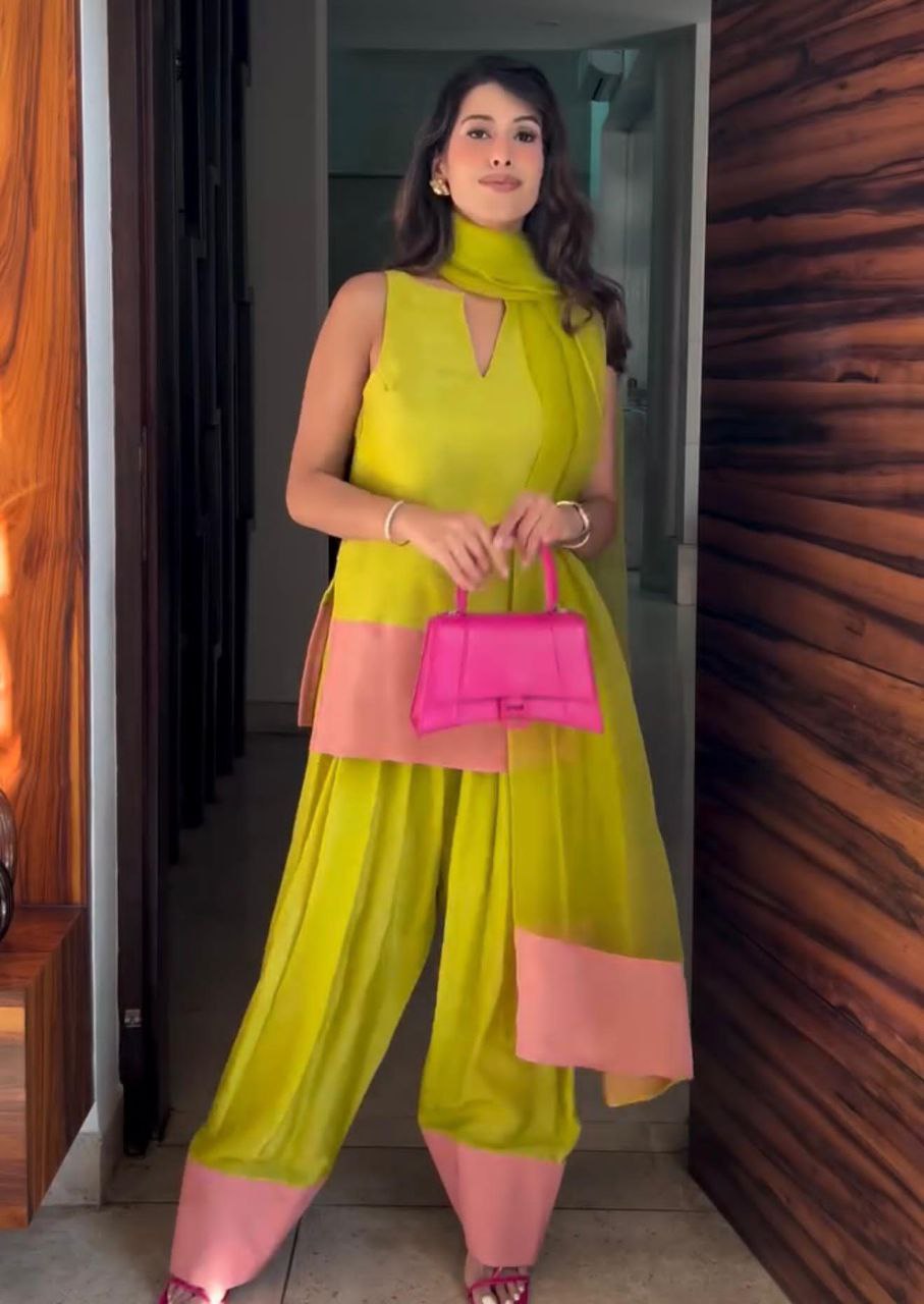 Designer Party Wear Natural Crap Silk Top with Farshi Palazzo & Organza Dupatta Set