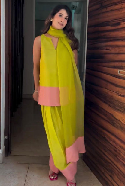 Designer Party Wear Natural Crap Silk Top with Farshi Palazzo & Organza Dupatta Set