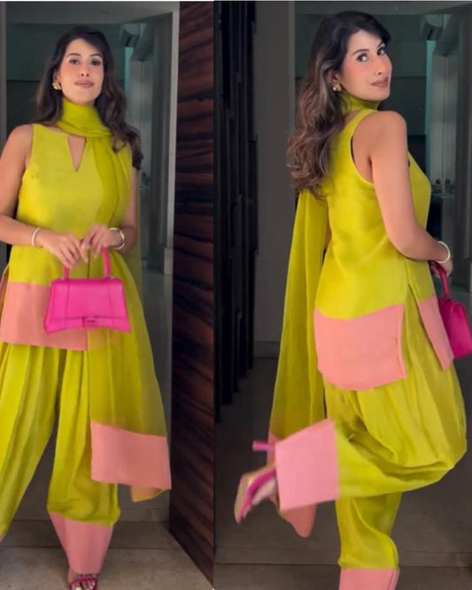 Designer Party Wear Natural Crap Silk Top with Farshi Palazzo & Organza Dupatta Set
