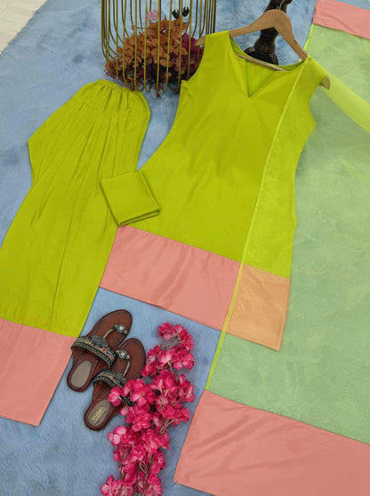 Designer Party Wear Natural Crap Silk Top with Farshi Palazzo & Organza Dupatta Set