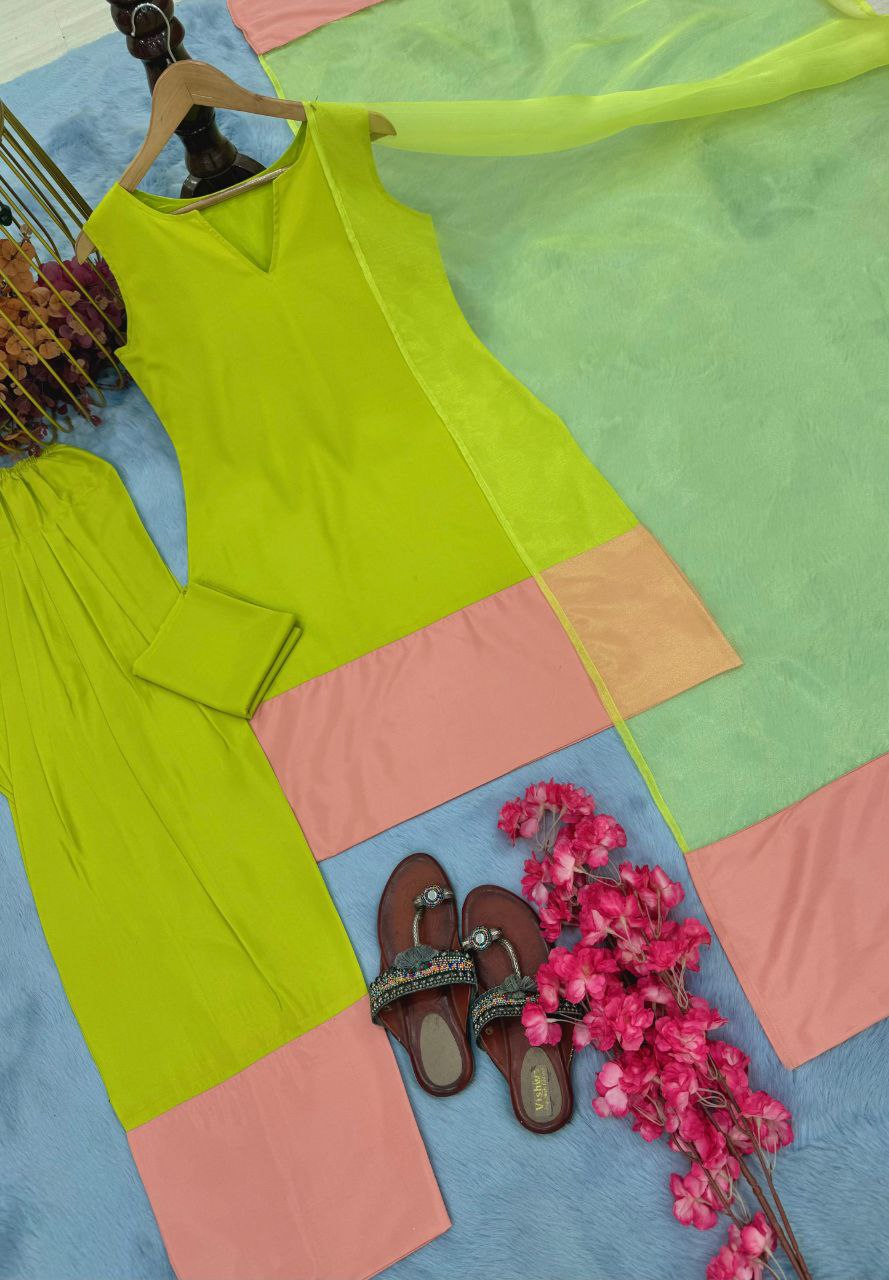 Designer Party Wear Natural Crap Silk Top with Farshi Palazzo & Organza Dupatta Set