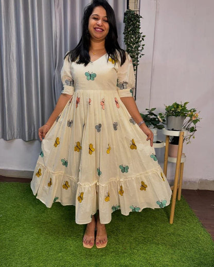 Designer Pour Cotton Flair Dress with Thread Work | Sizes XS–XXL | Back Zip | Fully Stitched