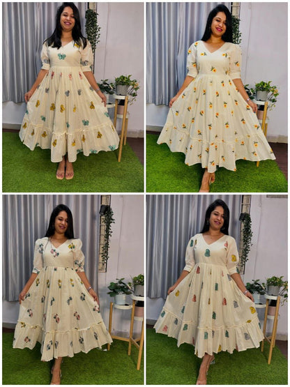 Designer Pour Cotton Flair Dress with Thread Work | Sizes XS–XXL | Back Zip | Fully Stitched