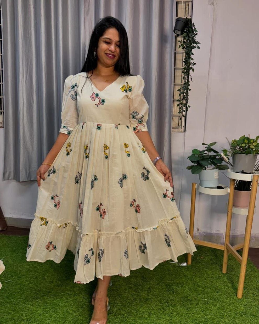 Designer Pour Cotton Flair Dress with Thread Work | Sizes XS–XXL | Back Zip | Fully Stitched
