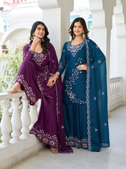 Designer Star Georgette Kurti Plazzo Dupatta Set with Moti & Sequin Embroidery Work | Ram Creation Premium Ethnic Wear