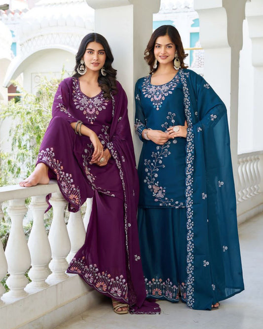 Designer Star Georgette Kurti Plazzo Dupatta Set with Moti & Sequin Embroidery Work | Ram Creation Premium Ethnic Wear