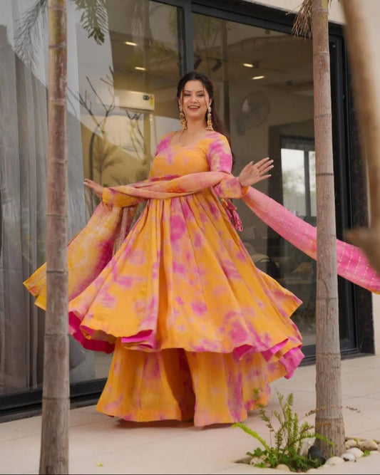Designer Vichitra Silk Gown with Dupatta & Plazzo | Digital Print & Embroidery Sequin Work | Ready to Wear