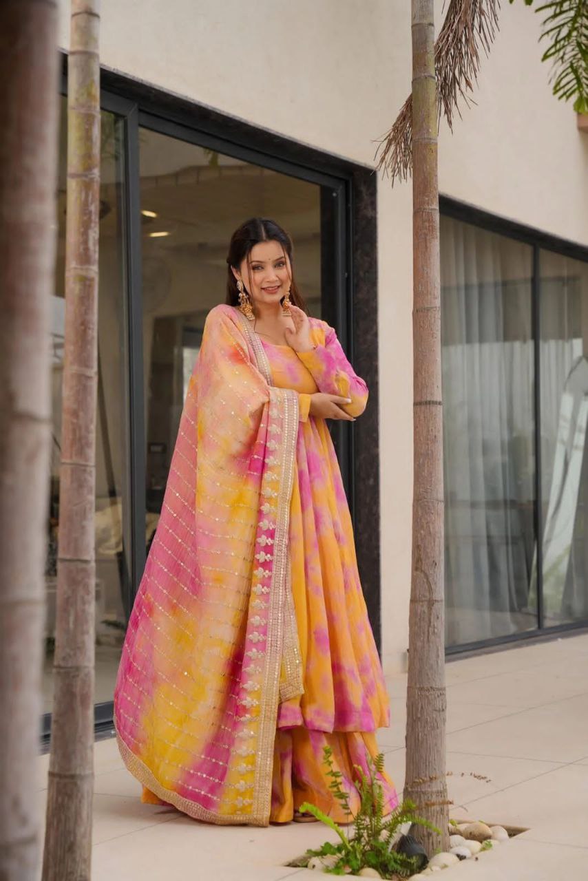 Designer Vichitra Silk Gown with Dupatta & Plazzo | Digital Print & Embroidery Sequin Work | Ready to Wear