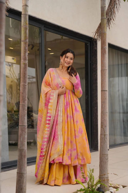 Designer Vichitra Silk Gown with Dupatta & Plazzo | Digital Print & Embroidery Sequin Work | Ready to Wear