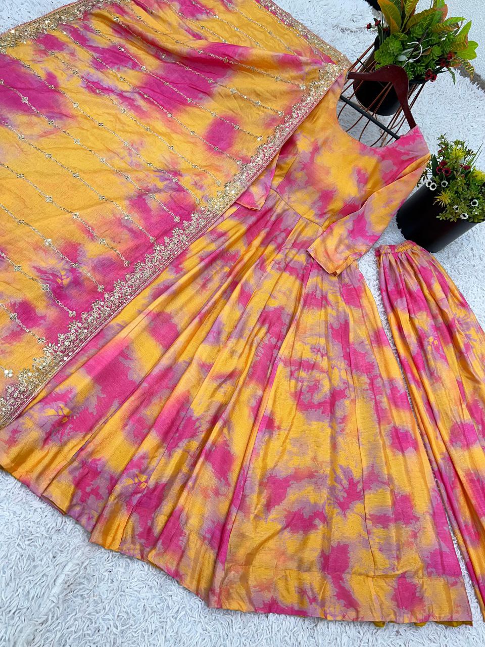 Designer Vichitra Silk Gown with Dupatta & Plazzo | Digital Print & Embroidery Sequin Work | Ready to Wear